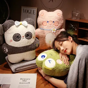2-in-1 Animal Plush Pillow Blanket Combo Soft Panda Pig Rabbit Frog Travel Office Nap Cushion Washable Fleece Throw