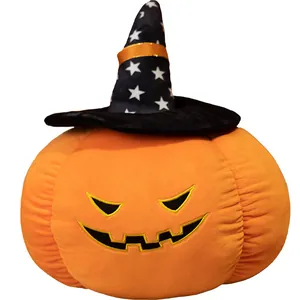 Soft orange Halloween pumpkin plush toy wearing a black star-patterned wizard hat