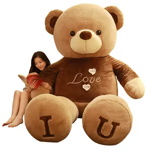 Giant brown teddy bear plush toy with Love embroidery and heart badges for kids gift