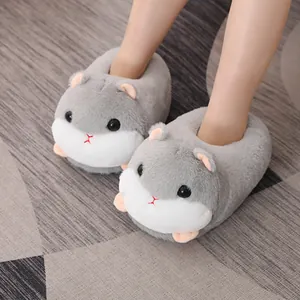 Cute hamster plush slippers for winter indoor warmth with soft grey fur
