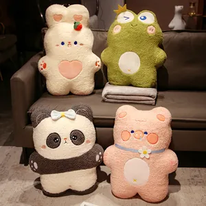 Soft 2-in-1 animal plush pillow blankets featuring cute panda, frog, bunny and bear designs.