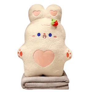 Cute 2-in-1 white rabbit plush pillow and grey fleece blanket set for office nap comfort