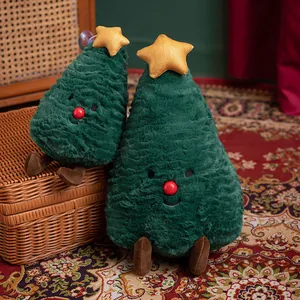 Lot de deux coussins sapins de Noël en peluche avec étoiles et visages 80cm