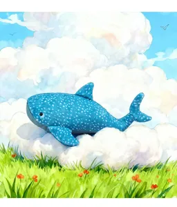 Blue whale shark plush toy resting on soft watercolor clouds and green grass