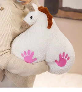 Close-up detail showing the soft white fleece texture and funny design of the horse plush pillow.