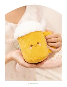 Close-up detail of a soft plush beer mug toy featuring a cute smiley face design