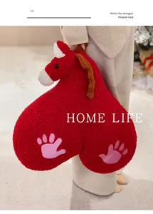 Detailed view of creative red horse plush pillow with funny heart-shaped bottom design
