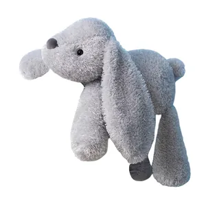 Soft gray plush floppy-eared bunny toy in a crawling pose for children.