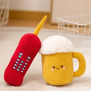 Adorable retro plush brick cellphone and smiling cartoon beer mug toy set for room