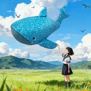 Large blue whale shark plush toy with white spots in a dreamy anime-style meadow