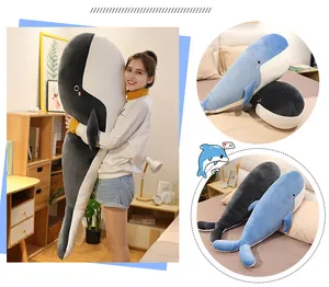 Soft whale plush pillow for sleeping and home decor in grey and blue colors