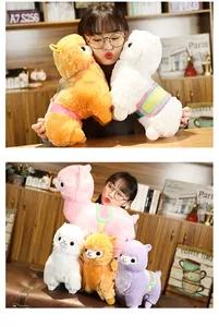 Detailed view of cute alpaca plush toys in various colors with decorative saddles