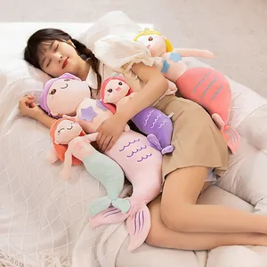 Soft pastel mermaid plush pillows for girls in various sizes and colors, perfect gift for children