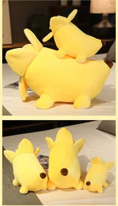 Detailed view showing three different sizes of yellow banana dog plush toys from behind