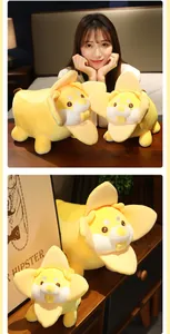 Detailed view of two creative banana dog plush toys displayed on a wooden cabinet