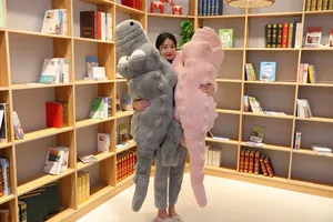 Grand oreiller en peluche crocodile long montré avec une personne dans un décor de bibliothèque