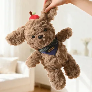 Adorable brown teddy dog plush toy with a red apple decoration and plaid bandana for girls