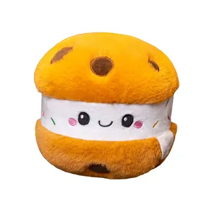 Cute plush cookie ice cream sandwich pillow toy with a smiling face on white background.