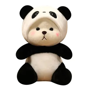 Adorable soft plush bear dressed in a classic black and white panda hoodie costume