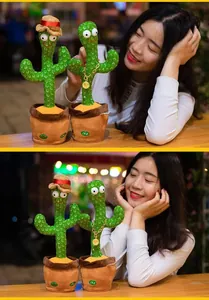 Dancing cactus plush toys with hat and necklace accessories shown with a person