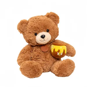 Niedlicher flauschiger brauner Teddybär aus Plüsch mit Honigtopf, weiches Kuschelgeschenk