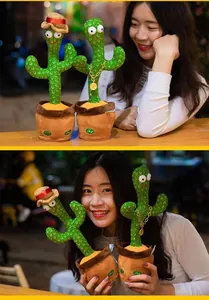 Detail showing a girl interacting with two singing and dancing cactus plush toys