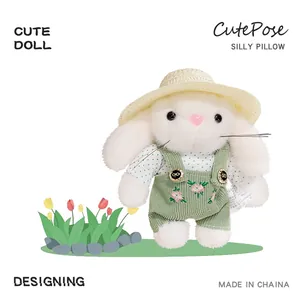Cute Long Ear White Rabbit Plush Toy Gardener Bunny Doll With Straw Hat Flower Embroidery Overalls Soft Stuffed Animal Gift For Kids