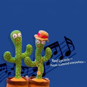 Dancing cactus plush toy with hat and chain accessory against a blue background