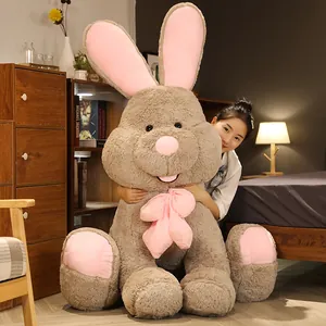 Large Long Eared Rabbit Plush Toy Cute Soft Stuffed Animal Bunny Doll With Pink Bow For Girls Kids Gift Home Decor Brown White