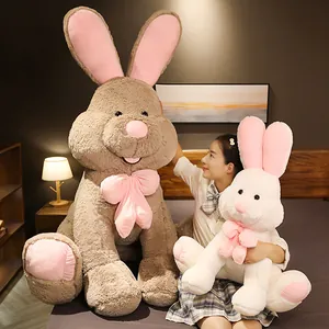 Large long-eared rabbit plush toy with soft fur and pink bow tie, cute creative gift
