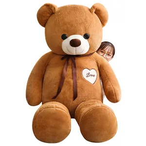 Giant brown teddy bear plush toy with dark brown bow ribbon on white background