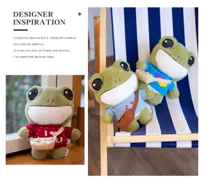 Close-up of cute plush frog dolls wearing sweaters and small bags in a lifestyle setting.