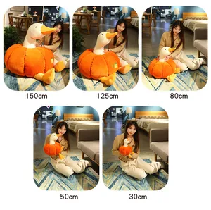 Visual size comparison of the creative pumpkin duck plush toy from 30cm up to 150cm