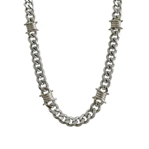 Silver-toned Cuban link chain necklace with American hip-hop style barbed wire design