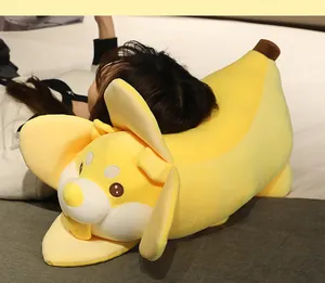 Creative soft banana dog plush toy used as a comfortable sleeping pillow for bedroom.