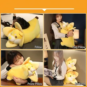 Multifunctional banana dog plush toy used as a pillow or huggable cushion