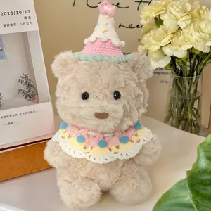 Exquisite Birthday Teddy Bear Plush Toy With Knit Hat And Lace Bib Creamy White Soft Stuffed Bear Doll For Kids Birthday Gift Home Decor