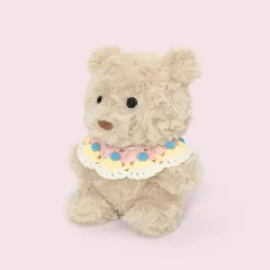 Adorable soft plush teddy bear doll with a colorful knitted pom-pom collar ornament