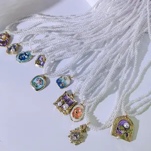 Französische Vintage Künstliche Perle Emaille Tropföl Blume Anhänger Halskette Für Damen Rose Tulpe Seestern Muschel Legierung Schlüsselbein Kette Schmuck
