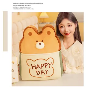 Soft toast bear plush cushion with Happy Day embroidery for cozy bedroom chair decor