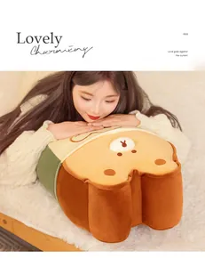 Asian girl leaning on a cute toast-shaped bear plush cushion on a soft white rug