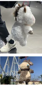 Detailed view of the creative cow and horse plush pendants shown in real-life outdoor settings.