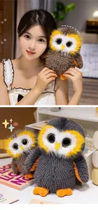 Detailed view of fluffy owl plush toys with large eyes in a cozy room setting.