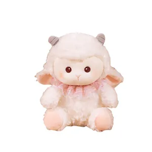 Adorable cute white lamb plush toy with pink lace collar for children's room decoration