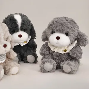 Adorable plush teddy puppy dolls in grey and black with stylish ruffled heart collars