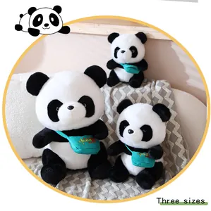 Detailed view of three different sizes of the plush panda toys with green bags