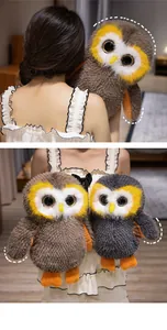 Realistic owl plush toy with large eyes and soft fluffy fur texture detail view