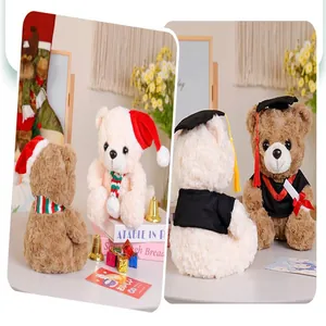 Nahaufnahme von Plüsch-Teddybären im Abschluss- und Weihnachts-Thema mit Accessoires.