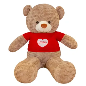 Large brown plush teddy bear doll wearing a red sweater with heart motif for kids