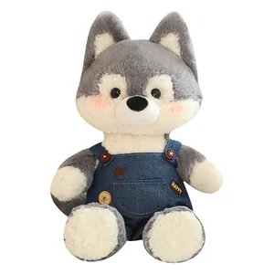 Cute wolf plush toy wearing denim overalls, soft stuffed animal toy for kids